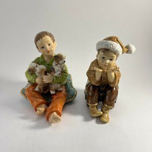 Ceramic Children Figurine Lot Of 2 H.M.L. Vintage Holiday w Dog Puppies